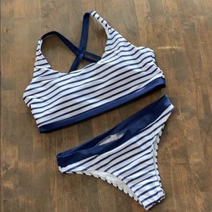 Navy and white striped swimsuit